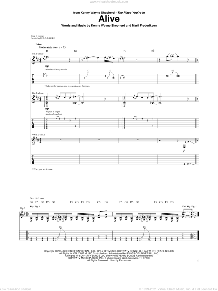 Alive sheet music for guitar (tablature) by Kenny Wayne Shepherd and Marti Frederiksen, intermediate skill level