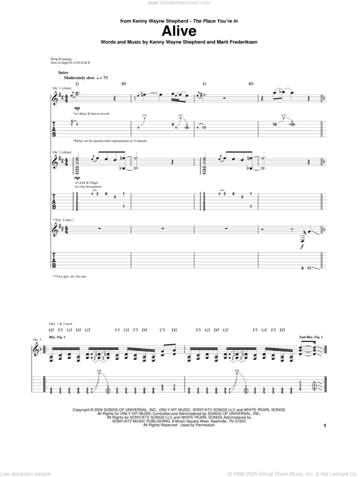 Alive sheet music for guitar (tablature) by Kenny Wayne Shepherd and Marti Frederiksen, intermediate skill level