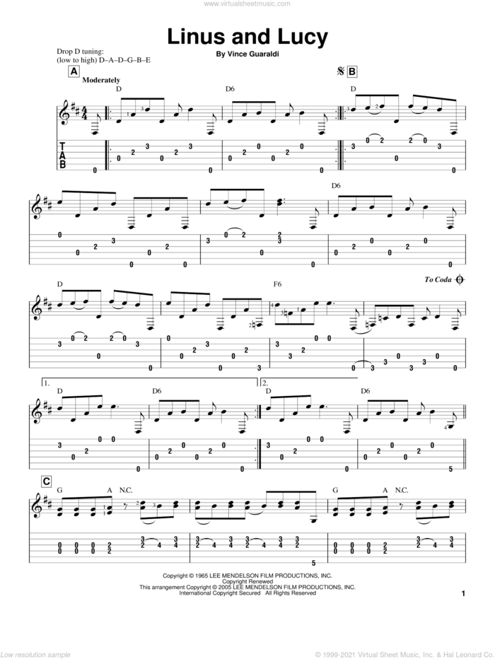 Linus And Lucy sheet music for guitar solo by Vince Guaraldi, intermediate skill level