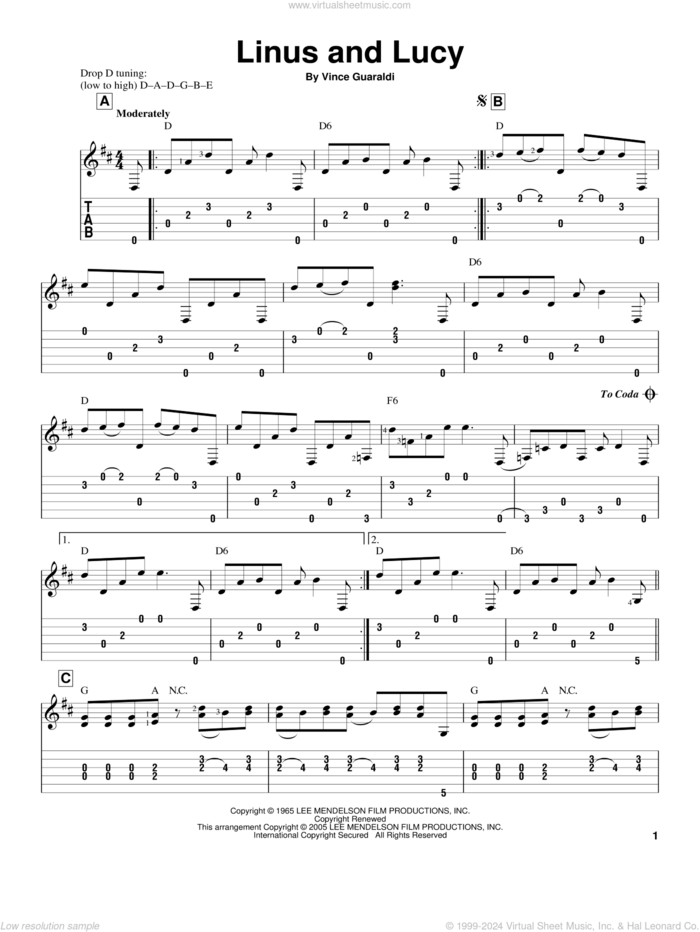 Linus And Lucy sheet music for guitar solo by Vince Guaraldi, intermediate skill level