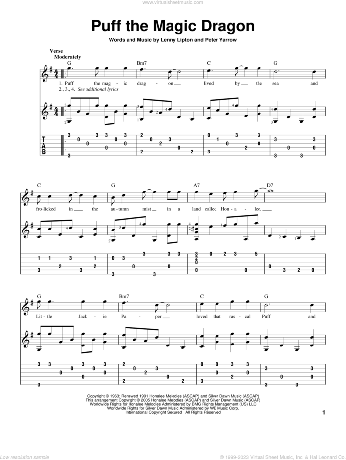 Puff The Magic Dragon, (intermediate) sheet music for guitar solo by Peter, Paul & Mary, Lenny Lipton and Peter Yarrow, intermediate skill level