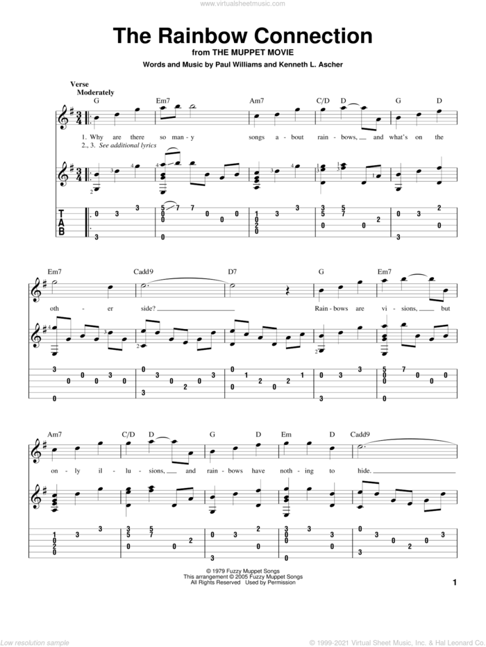 The Rainbow Connection sheet music for guitar solo by Kermit The Frog, Kenneth L. Ascher and Paul Williams, intermediate skill level