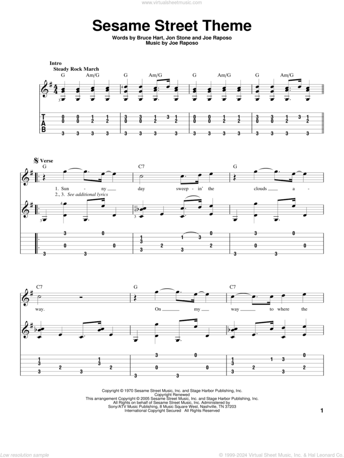 Sesame Street Theme sheet music for guitar solo by Joe Raposo, Bruce Hart and Jon Stone, intermediate skill level