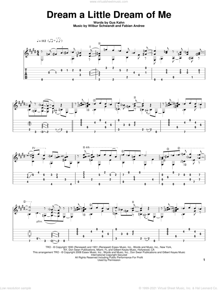 Dream A Little Dream Of Me sheet music for guitar solo by The Mamas & The Papas, Bill Piburn, Fabian Andree, Gus Kahn and Wilbur Schwandt, intermediate skill level