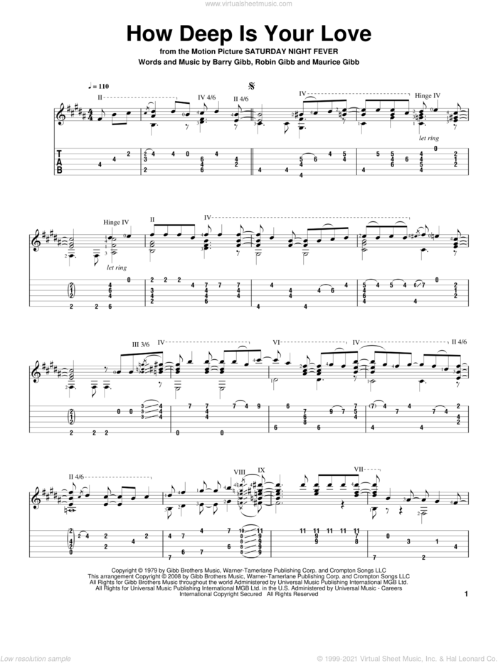 How Deep Is Your Love sheet music for guitar solo by Bee Gees, Barry Gibb, Maurice Gibb and Robin Gibb, intermediate skill level