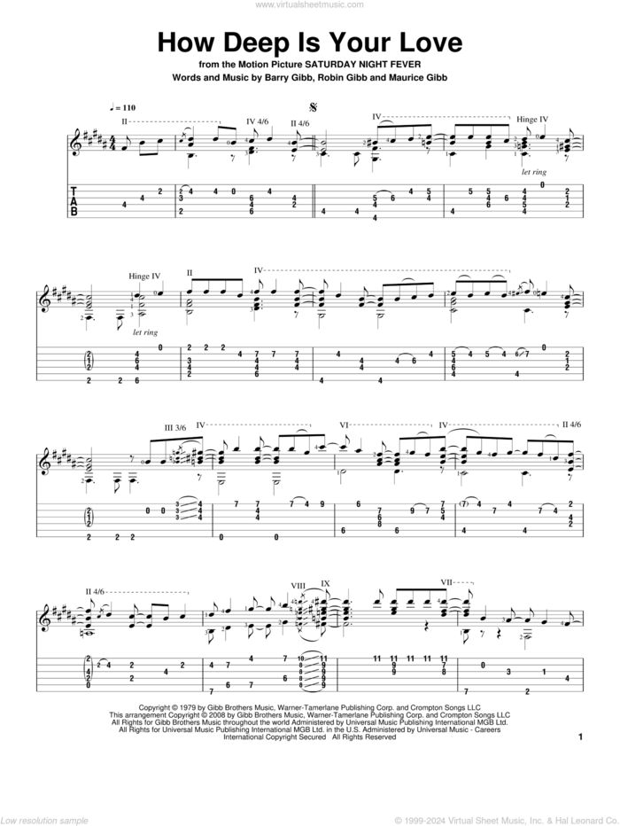 How Deep Is Your Love sheet music for guitar solo by Bee Gees, Barry Gibb, Maurice Gibb and Robin Gibb, intermediate skill level