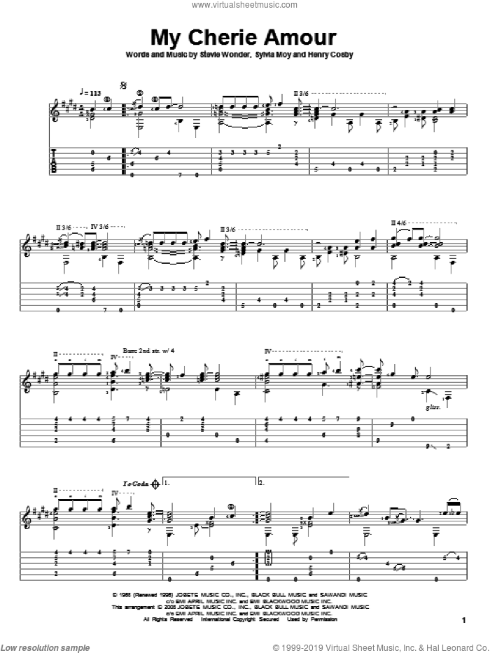 My Cherie Amour sheet music for guitar solo by Stevie Wonder, Henry Cosby and Sylvia Moy, intermediate skill level