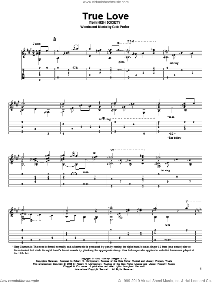True Love (from High Society) sheet music for guitar solo by Bing Crosby & Grace Kelly, Bing Crosby, Elvis Presley and Cole Porter, wedding score, intermediate skill level