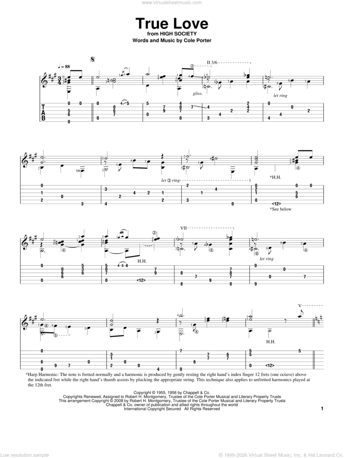 True Love (from High Society) sheet music for guitar solo by Bing Crosby & Grace Kelly, Bing Crosby, Elvis Presley and Cole Porter, wedding score, intermediate skill level