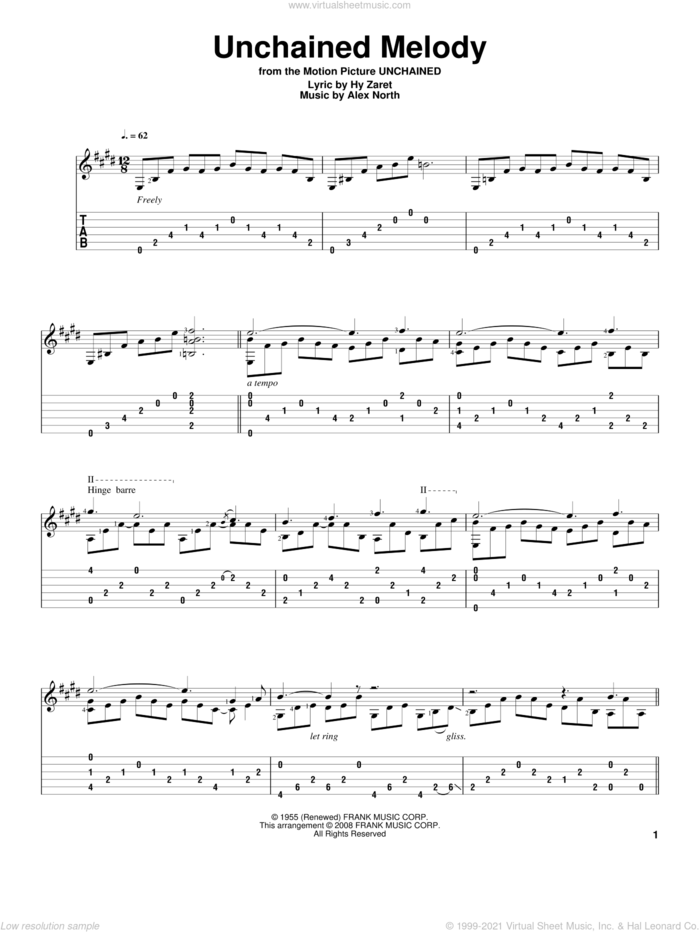 Unchained Melody, (intermediate) sheet music for guitar solo by The Righteous Brothers, Alex North and Hy Zaret, wedding score, intermediate skill level