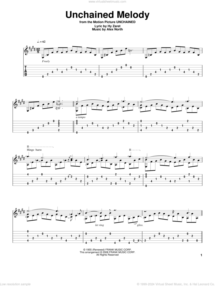 Unchained Melody, (intermediate) sheet music for guitar solo by The Righteous Brothers, Alex North and Hy Zaret, wedding score, intermediate skill level