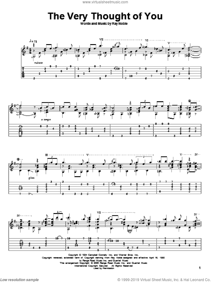 The Very Thought Of You, (intermediate) sheet music for guitar solo by Ray Noble, Frank Sinatra, Kate Smith, Ray Conniff and Ricky Nelson, wedding score, intermediate skill level