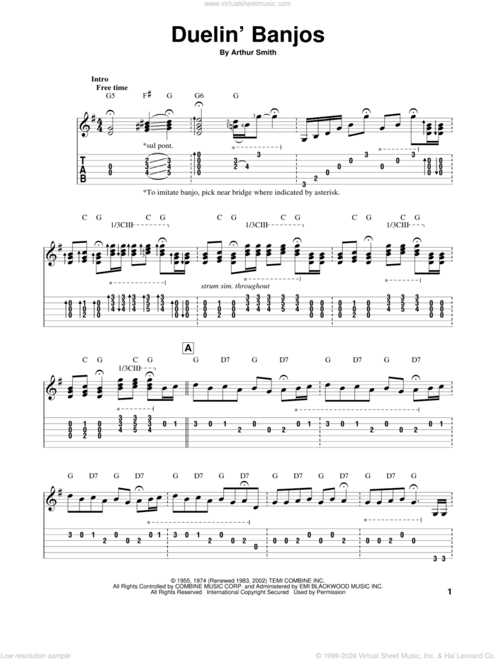 Duelin' Banjos sheet music for guitar solo by Eric Weissberg & Steve Mandell and Arthur Smith, intermediate skill level