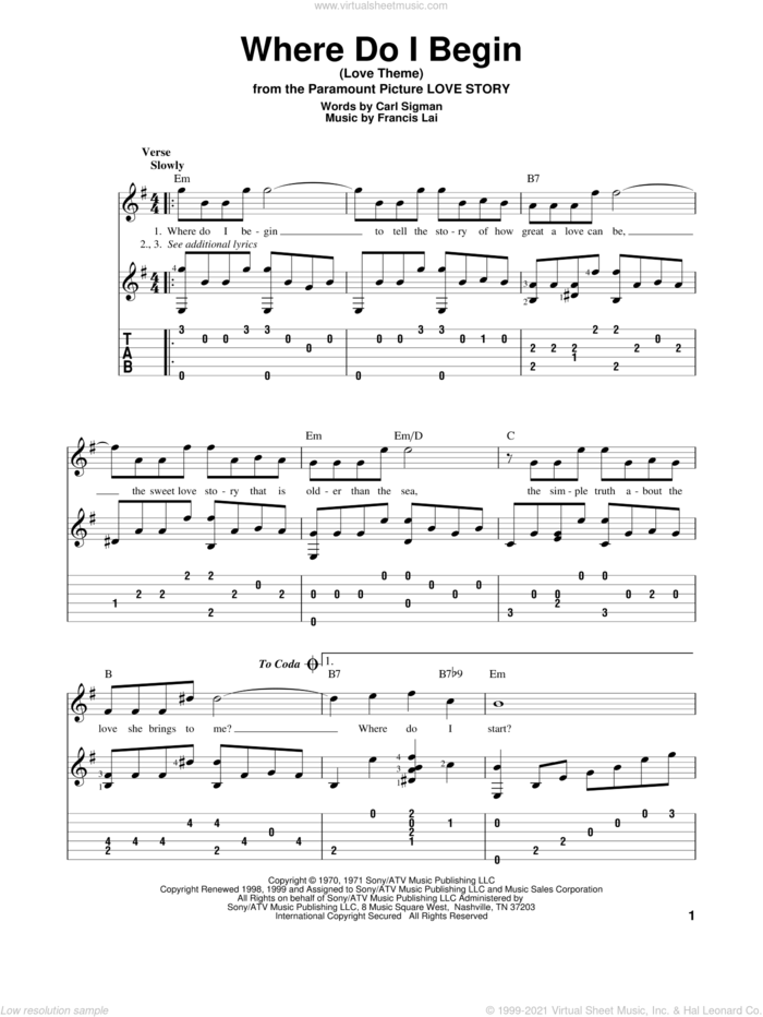 Where Do I Begin (Love Theme) sheet music for guitar solo by Andy Williams, Carl Sigman and Francis Lai, intermediate skill level