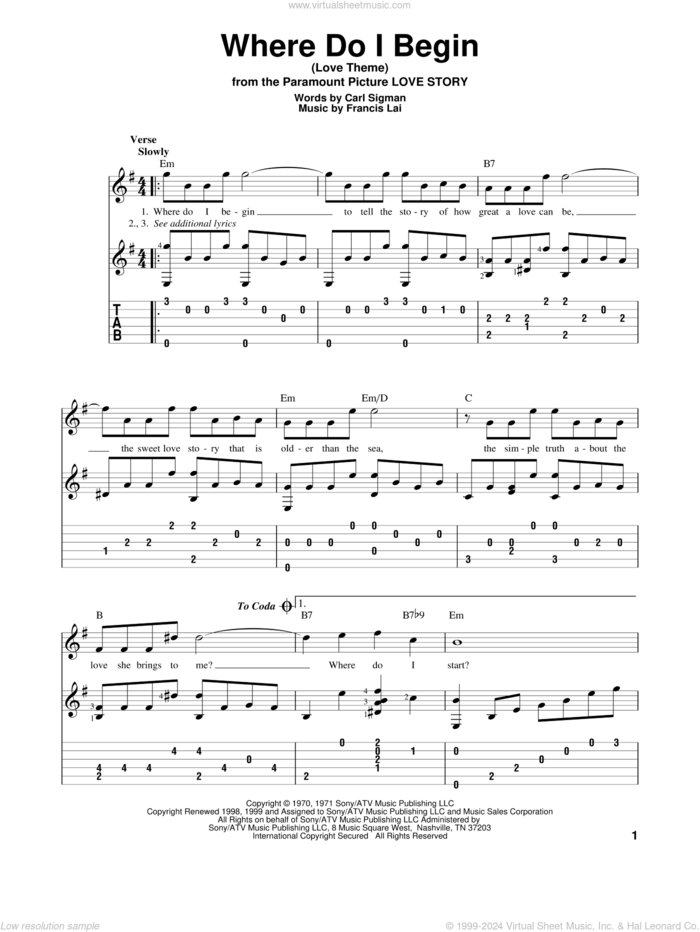 Where Do I Begin (Love Theme) sheet music for guitar solo by Andy Williams, Carl Sigman and Francis Lai, intermediate skill level