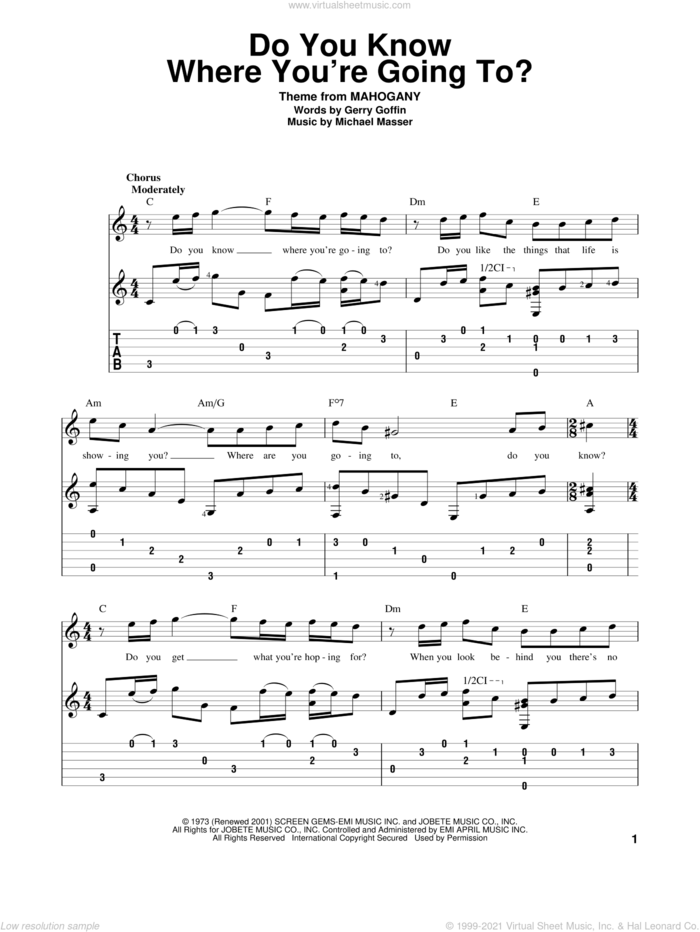 Do You Know Where You're Going To? sheet music for guitar solo by Diana Ross, Gerry Goffin and Michael Masser, intermediate skill level