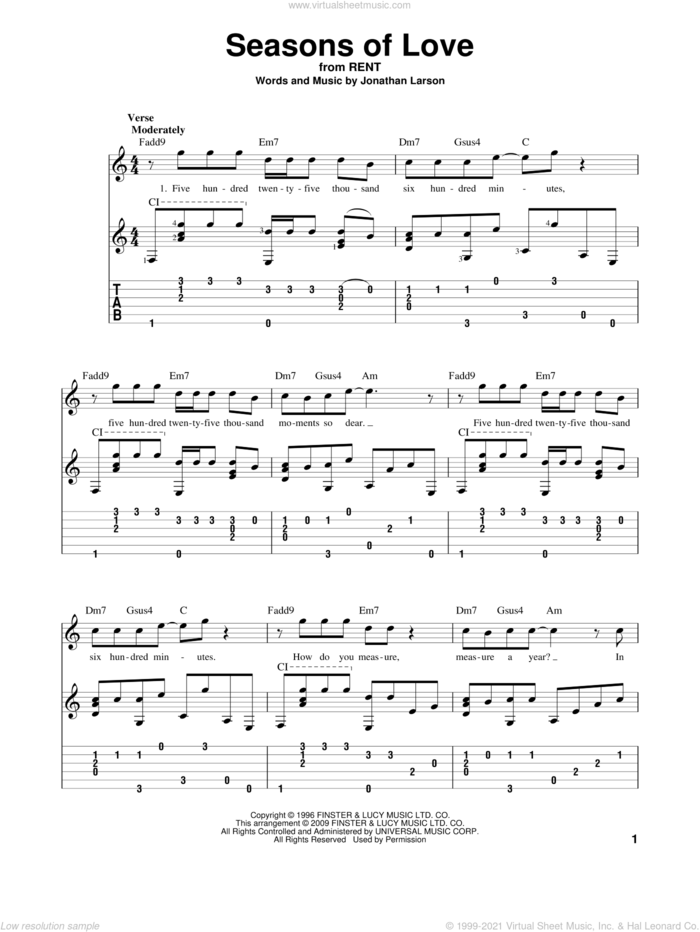 Seasons Of Love (from Rent) sheet music for guitar solo by Jonathan Larson and Rent (Musical), wedding score, intermediate skill level