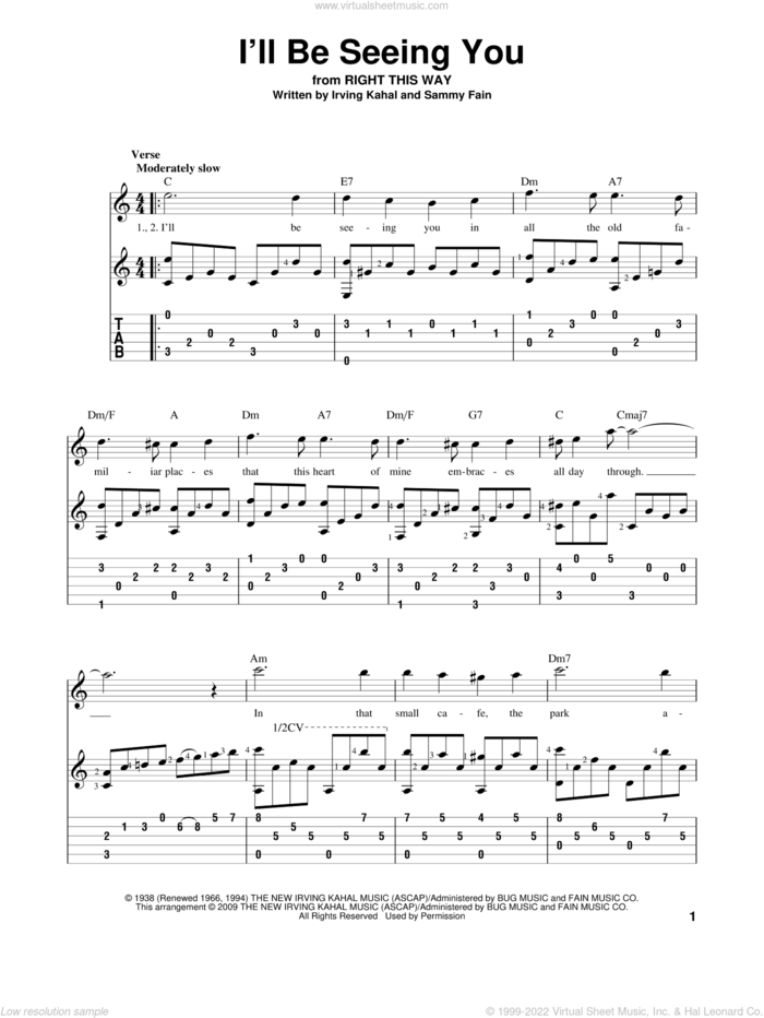 I'll Be Seeing You sheet music for guitar solo by Sammy Fain and Irving Kahal, intermediate skill level