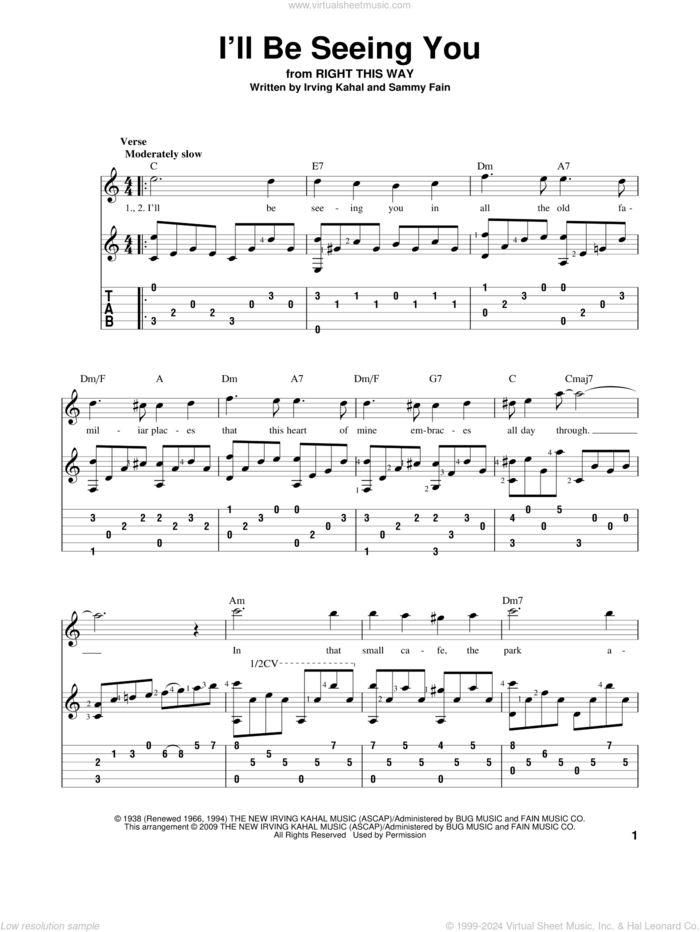 I'll Be Seeing You sheet music for guitar solo by Sammy Fain and Irving Kahal, intermediate skill level