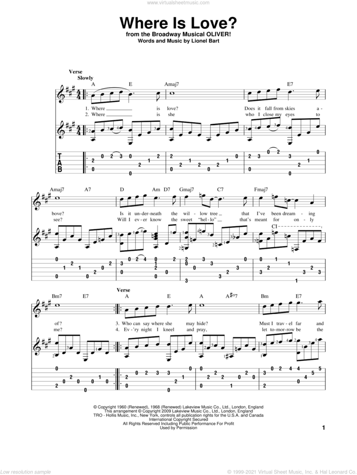 Where Is Love? sheet music for guitar solo by Lionel Bart and Oliver! (Musical), intermediate skill level