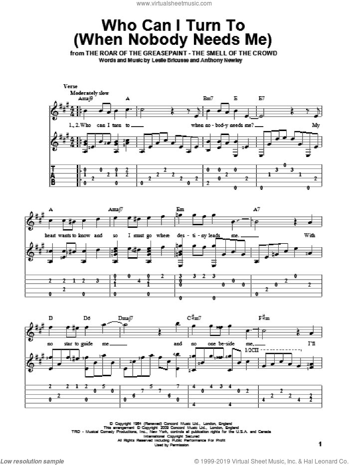 Who Can I Turn To (When Nobody Needs Me) sheet music for guitar solo by Tony Bennett, Anthony Newley and Leslie Bricusse, intermediate skill level
