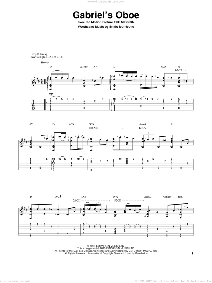 Gabriel's Oboe (from The Mission) sheet music for guitar solo by Ennio Morricone, wedding score, intermediate skill level