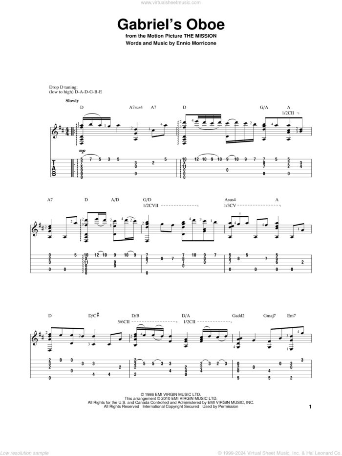 Gabriel's Oboe (from The Mission) sheet music for guitar solo by Ennio Morricone, wedding score, intermediate skill level