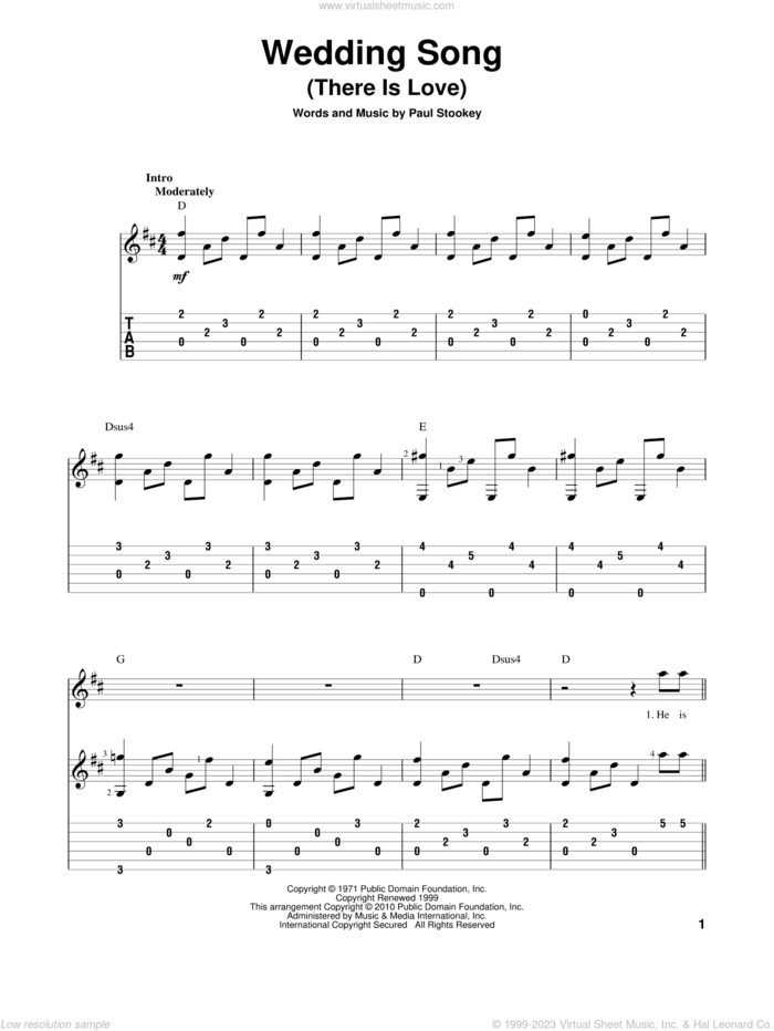 Wedding Song (There Is Love) sheet music for guitar solo by Peter, Paul & Mary, Petula Clark and Paul Stookey, wedding score, intermediate skill level
