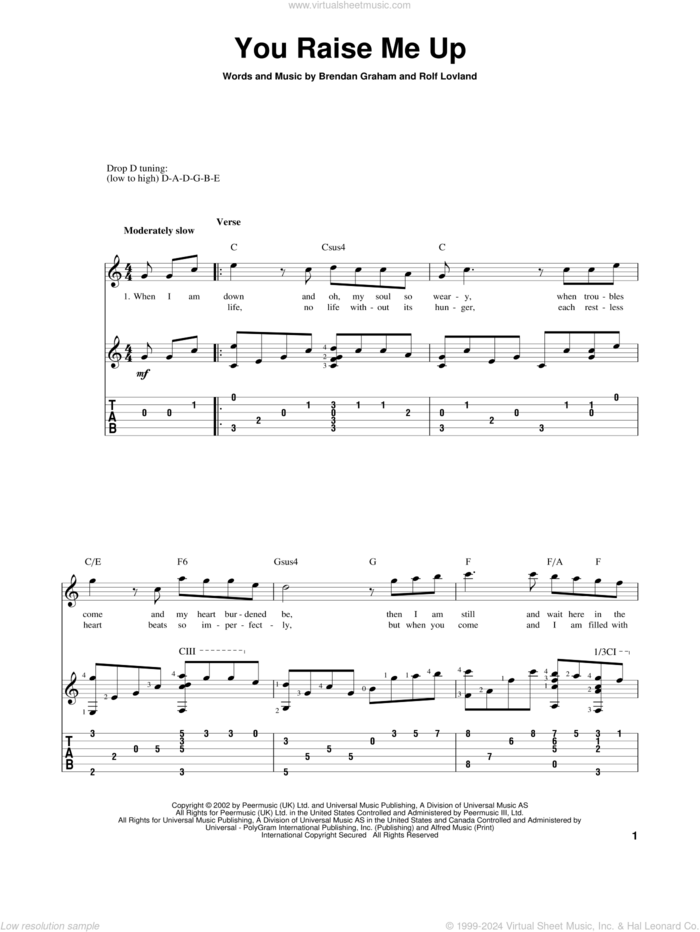 You Raise Me Up sheet music for guitar solo by Josh Groban, Brendan Graham and Rolf Lovland, wedding score, intermediate skill level