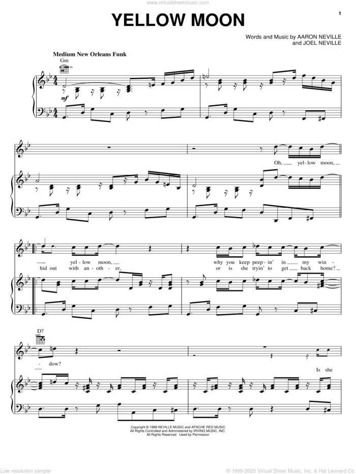 Yellow Moon sheet music for voice, piano or guitar by Aaron Neville and Joel Neville, intermediate skill level