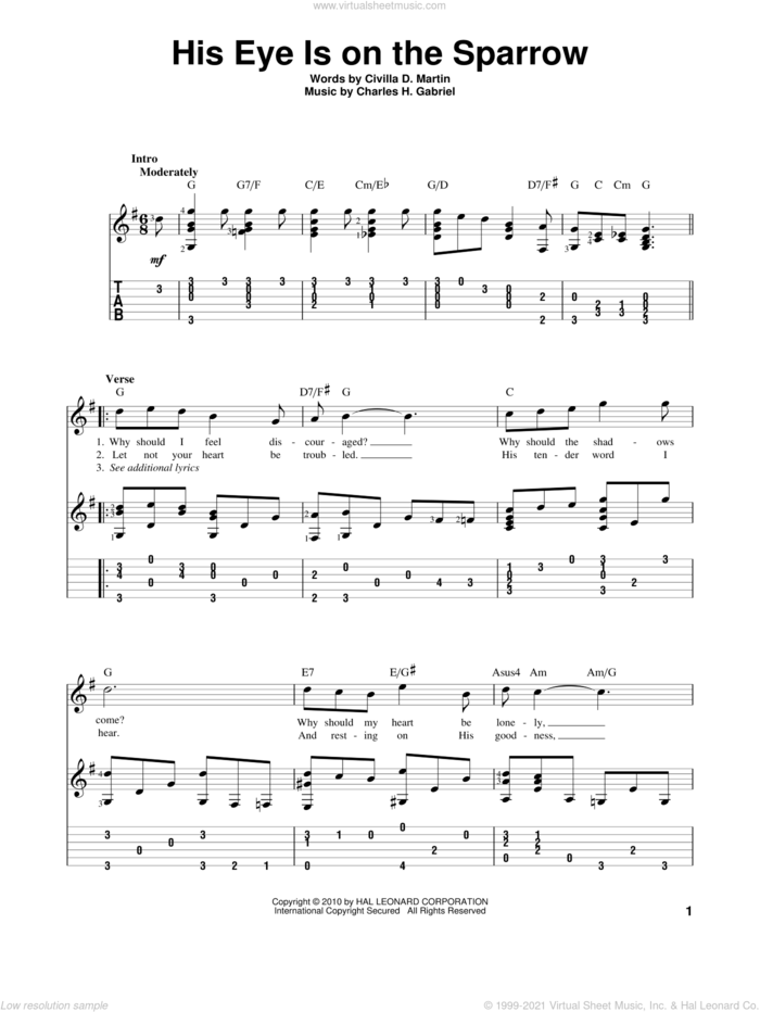 His Eye Is On The Sparrow sheet music for guitar solo by Mahalia Jackson, Charles H. Gabriel and Civilla D. Martin, intermediate skill level