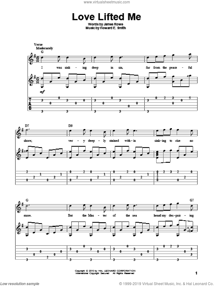 Love Lifted Me sheet music for guitar solo by James Rowe and Howard E. Smith, intermediate skill level