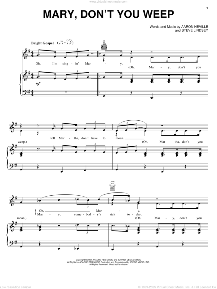 Mary Don't You Weep sheet music for voice, piano or guitar by Aaron Neville and Steve Lindsey, intermediate skill level