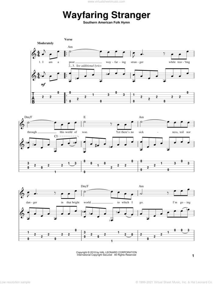 Wayfaring Stranger sheet music for guitar solo, intermediate skill level