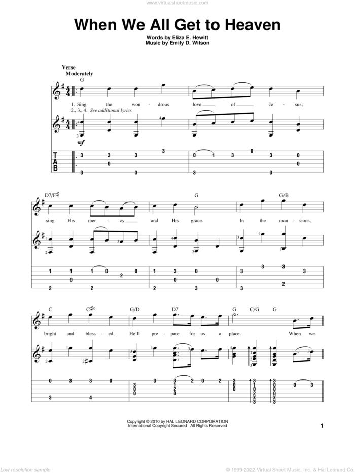 When We All Get To Heaven sheet music for guitar solo by Eliza E. Hewitt and Emily D. Wilson, intermediate skill level