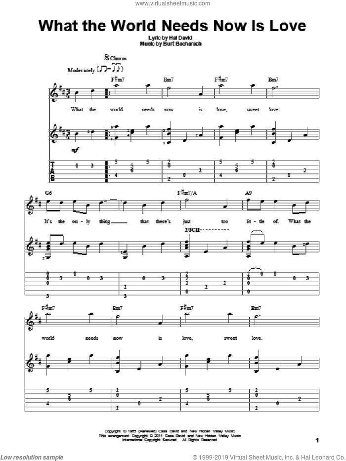 What The World Needs Now Is Love sheet music for guitar solo by Bacharach & David, Jackie DeShannon, Burt Bacharach and Hal David, intermediate skill level