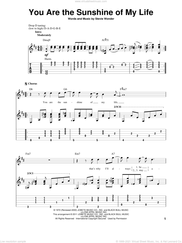 You Are The Sunshine Of My Life sheet music for guitar solo by Stevie Wonder, wedding score, intermediate skill level