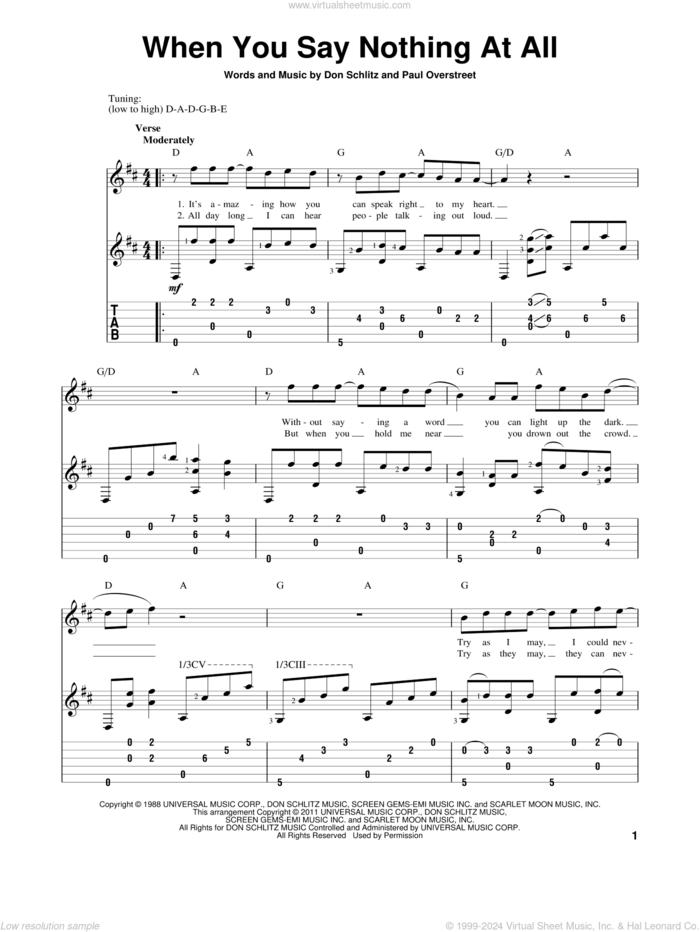 When You Say Nothing At All sheet music for guitar solo by Alison Krauss & Union Station, Don Schlitz and Paul Overstreet, wedding score, intermediate skill level