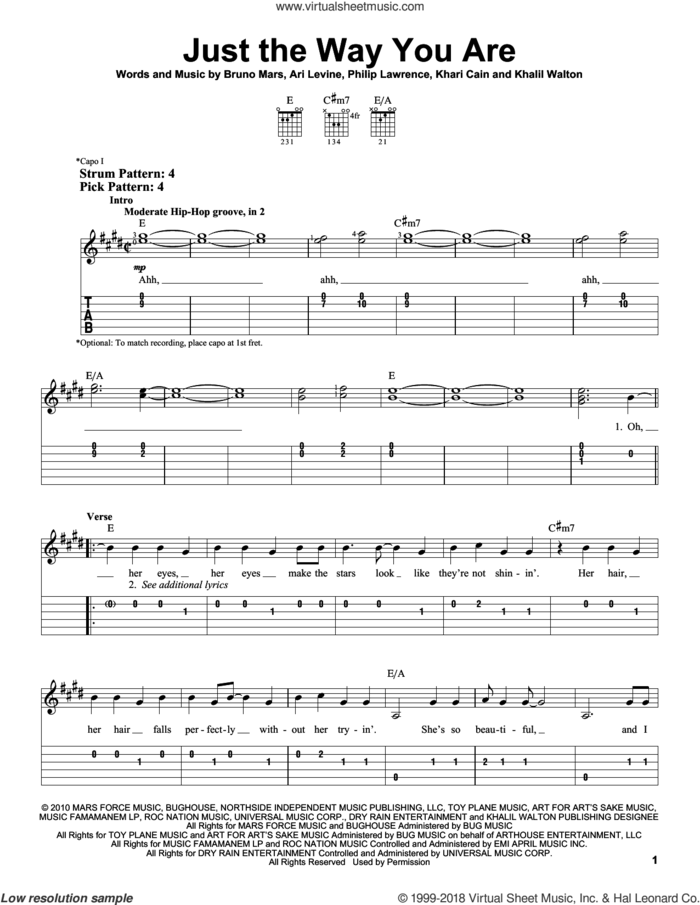 Just The Way You Are sheet music for guitar solo (easy tablature) by Bruno Mars, Ari Levine, Khalil Walton, Khari Cain and Philip Lawrence, wedding score, easy guitar (easy tablature)