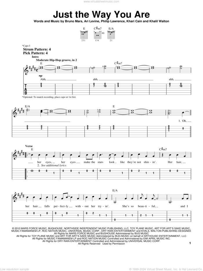 Just The Way You Are sheet music for guitar solo (easy tablature) by Bruno Mars, Ari Levine, Khalil Walton, Khari Cain and Philip Lawrence, wedding score, easy guitar (easy tablature)