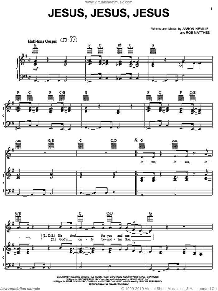 Jesus, Jesus, Jesus sheet music for voice, piano or guitar by Aaron Neville and Robert Mathes, intermediate skill level