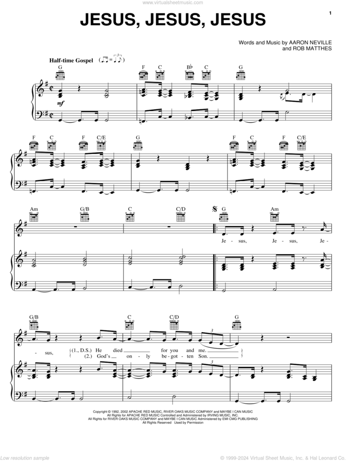 Jesus, Jesus, Jesus sheet music for voice, piano or guitar by Aaron Neville and Robert Mathes, intermediate skill level