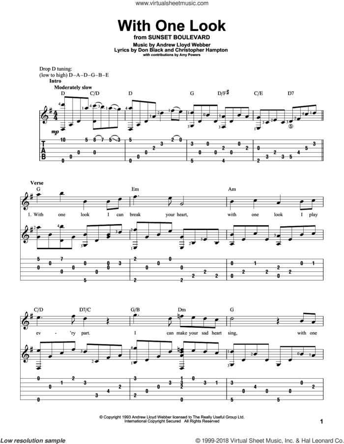 With One Look sheet music for guitar solo by Andrew Lloyd Webber, Sunset Boulevard (Musical), Christopher Hampton and Don Black, intermediate skill level