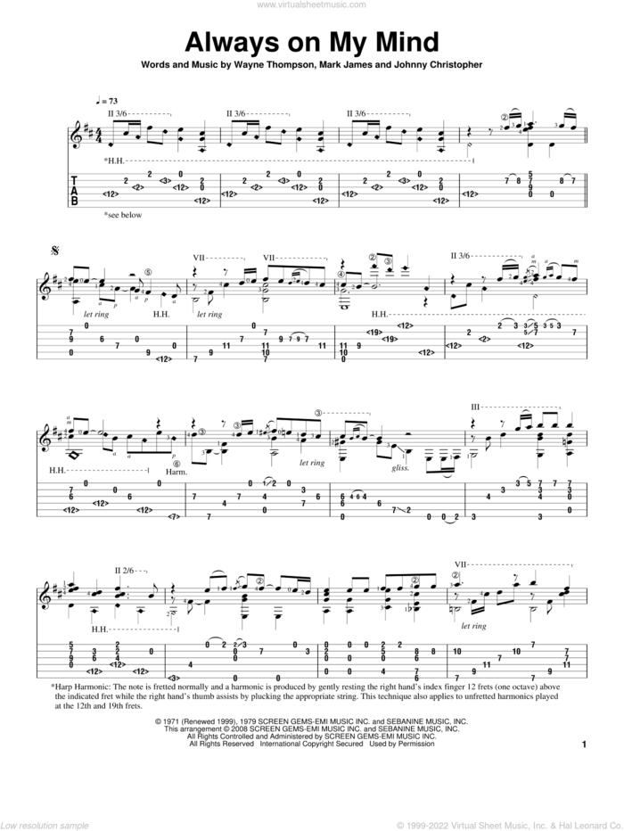 Always On My Mind sheet music for guitar solo by Willie Nelson, Bill Piburn, Elvis Presley, Michael Buble, The Pet Shop Boys, Johnny Christopher, Mark James and Wayne Thompson, intermediate skill level