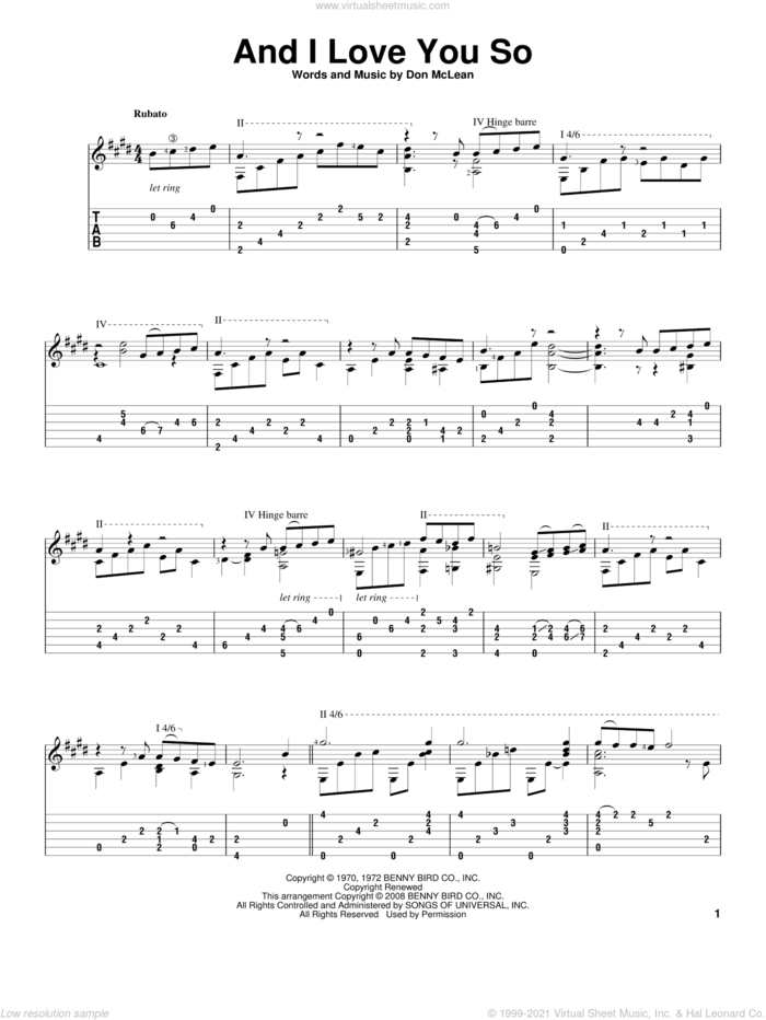 And I Love You So sheet music for guitar solo by Don McLean and Perry Como, wedding score, intermediate skill level