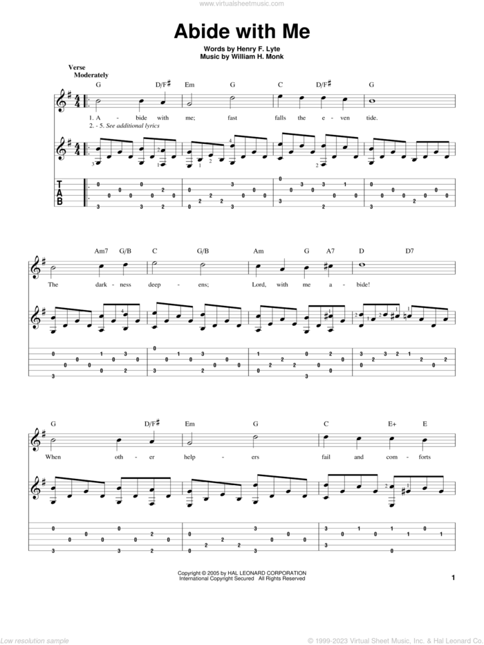 Abide With Me sheet music for guitar solo by Henry F. Lyte and William Henry Monk, intermediate skill level