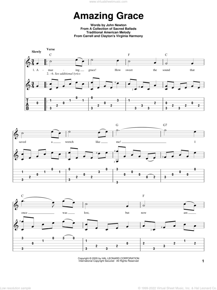 Amazing Grace sheet music for guitar solo by John Newton, Edwin O. Excell and Miscellaneous, wedding score, intermediate skill level
