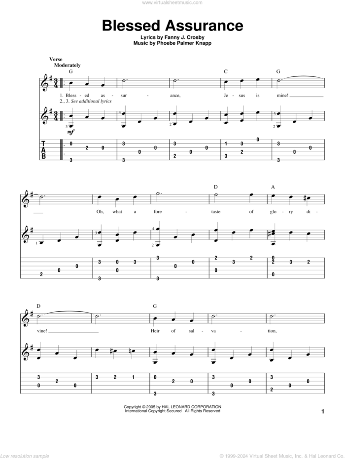 Blessed Assurance sheet music for guitar solo by Fanny J. Crosby and Phoebe Palmer Knapp, intermediate skill level