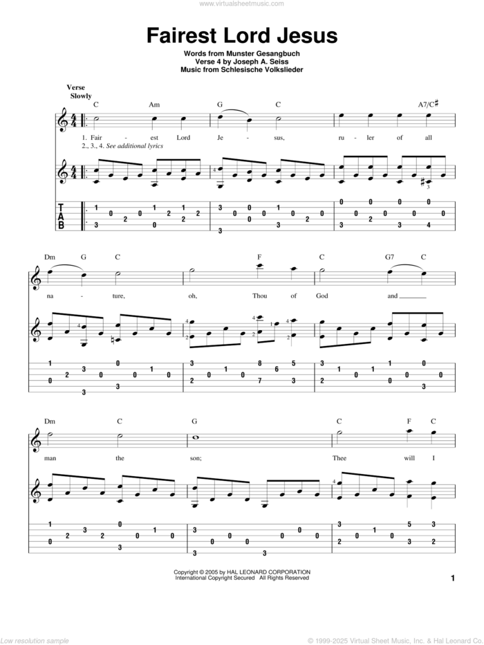 Fairest Lord Jesus sheet music for guitar solo by Munster Gesangbuch and Joseph August Seiss, intermediate skill level