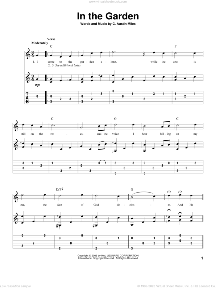 In The Garden sheet music for guitar solo by C. Austin Miles, intermediate skill level